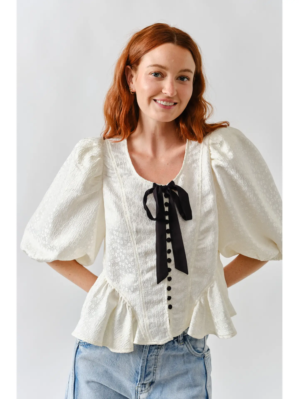 Jacquard Puffy Sleeve Bow Tie Top W/Ruffle Hem - Off White
