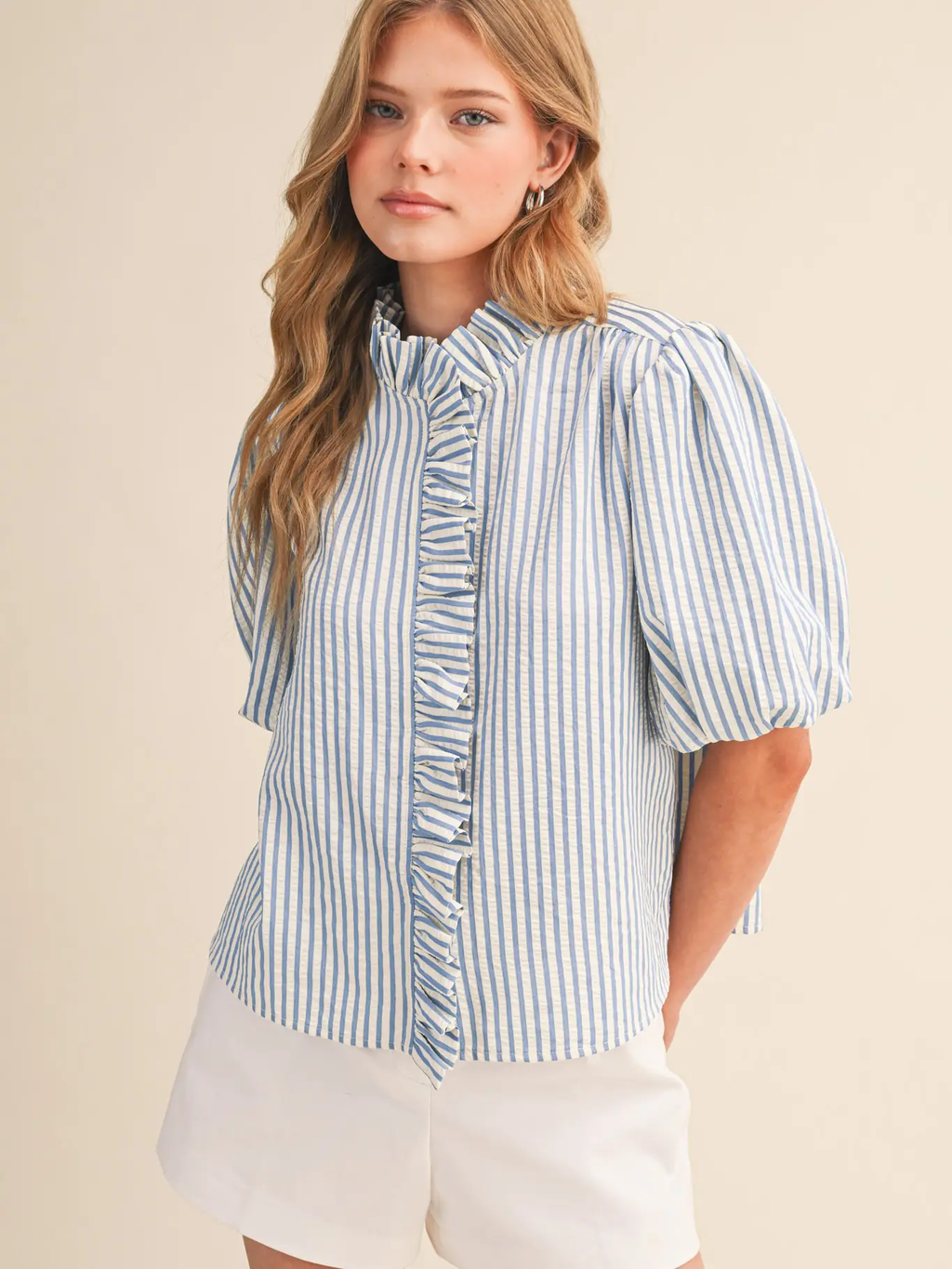 Striped Ruffled Button Down Top - AZULE BLUE