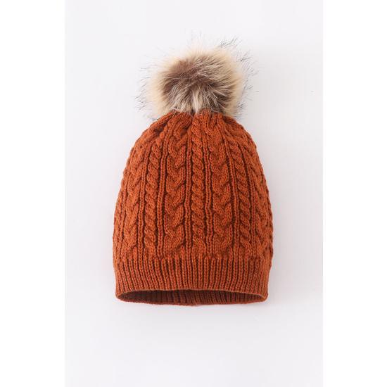 CARAMEL CABLE KNIT POM POM BEANIE