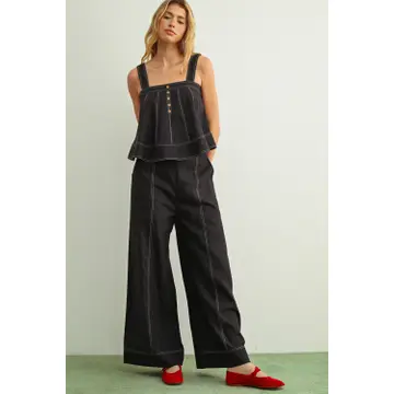 Stitch Detailed Wide Leg Linen Pants - Navy