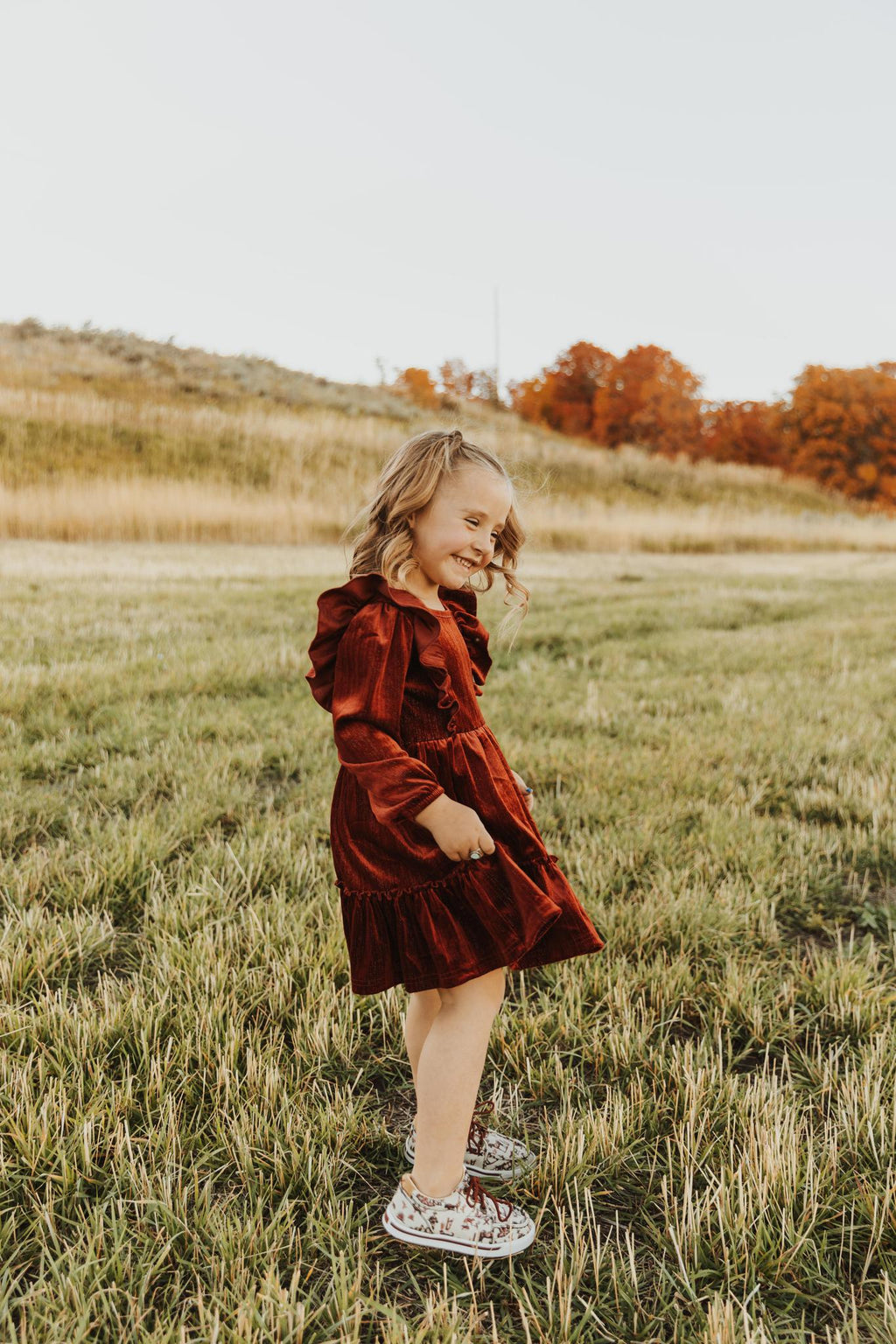 BURGUNDY VELVET RUFFLE GIRL DRESS