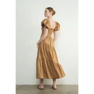 Puff Sleeves Smocked Bodice Tiered Midi Dress - Rust