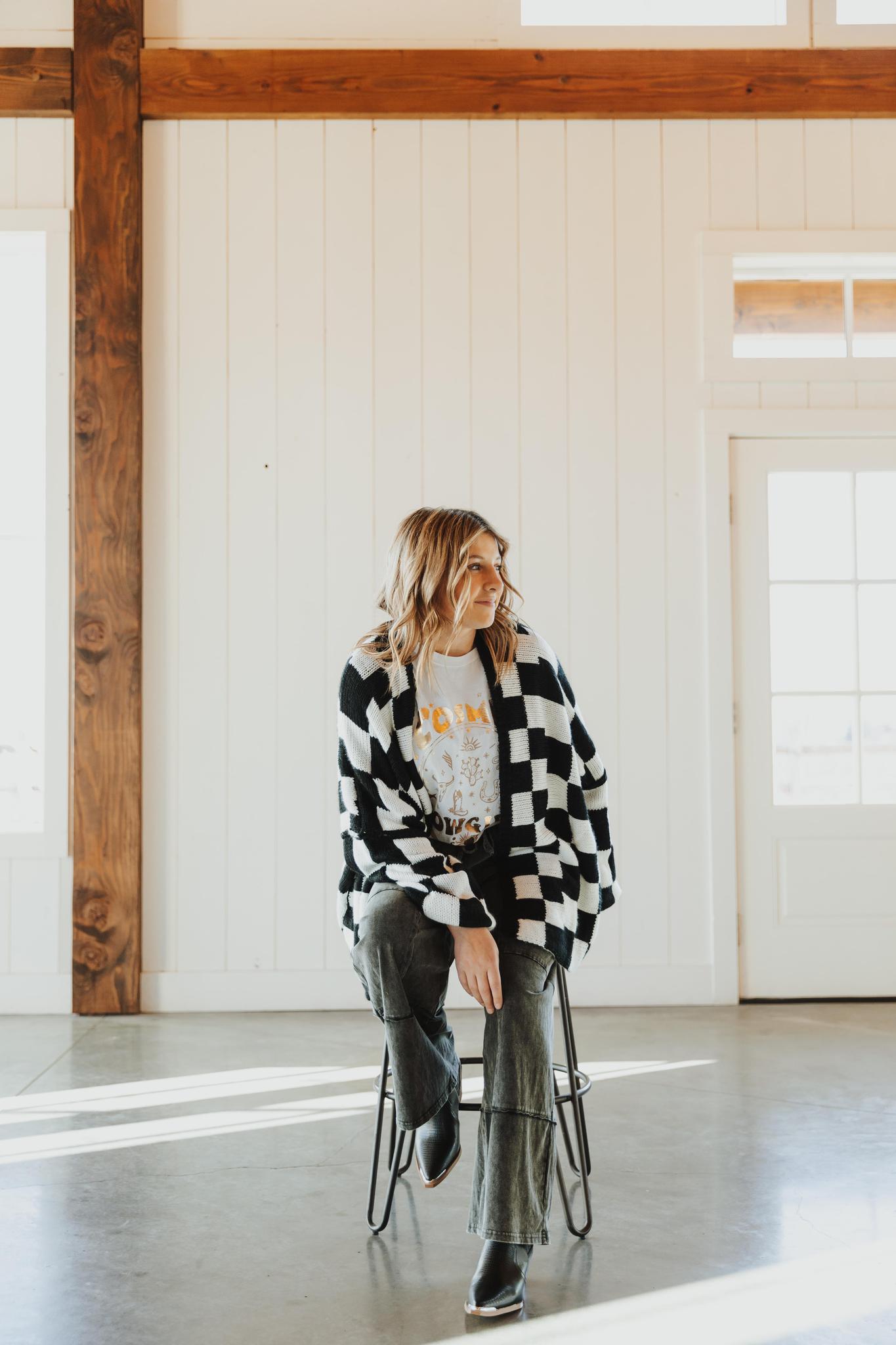 Check Dropped Shoulders Cardigan - Black & White