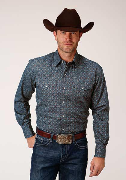 MENS L/S SHIRT   AMARILLO SNAP ALLOVER PRINT  1378 REDWOOD MEDALLION