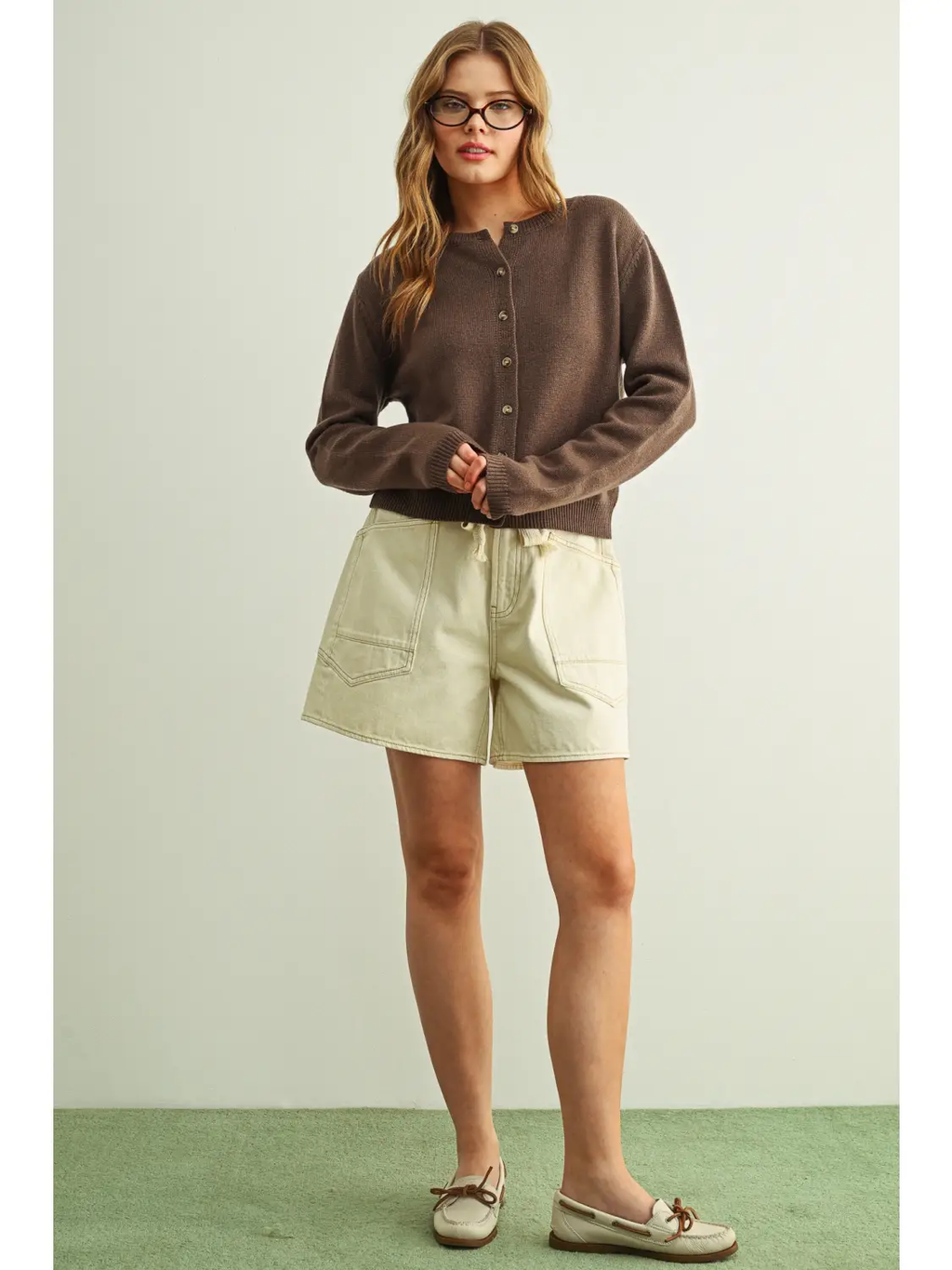 Simple Button Front Round Neck Sweater Cardigan - BROWN