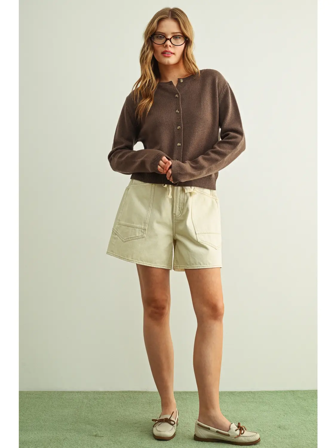 Simple Button Front Round Neck Sweater Cardigan - BROWN