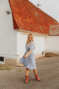 TEXTURED GINGHAM PUFF SLEEVE TIERED DRESS
