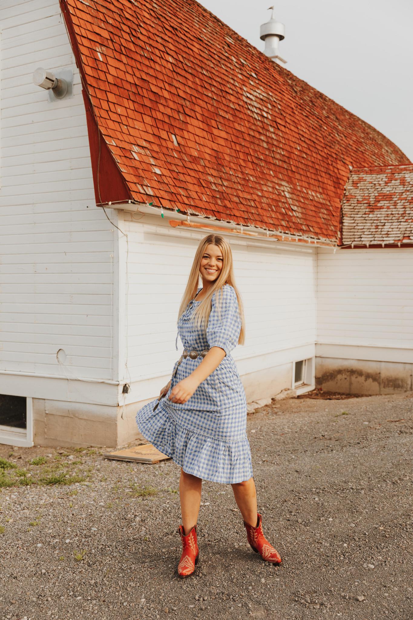 TEXTURED GINGHAM PUFF SLEEVE TIERED DRESS