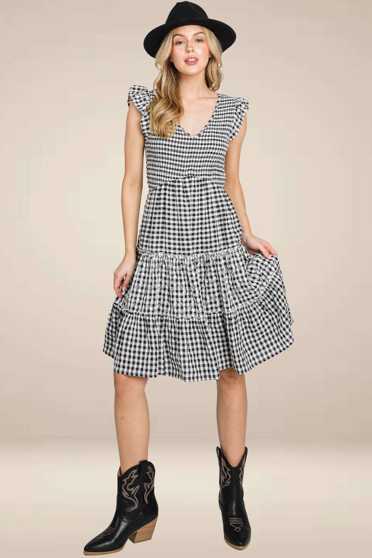 GINGHAM SMOCK DRESS EMBROIDERY - BLACK/WHITE
