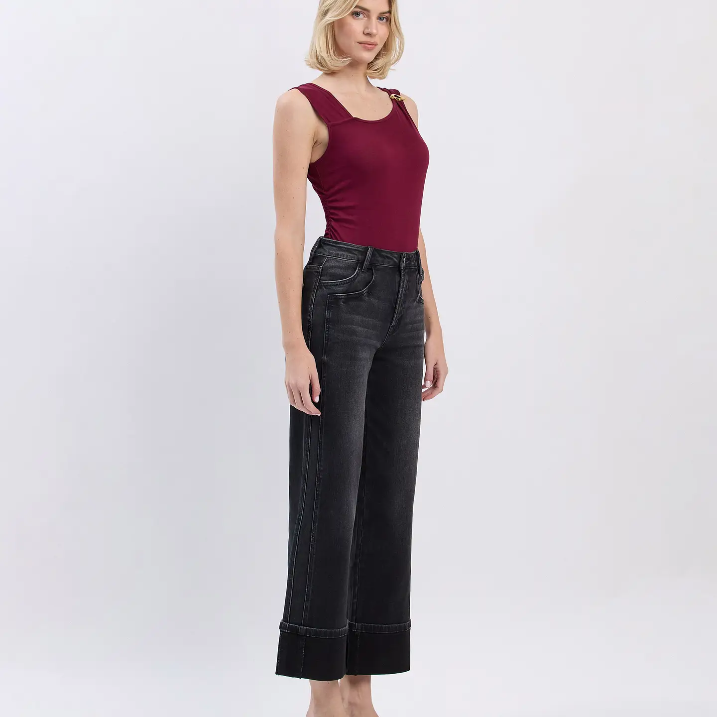 Super High Rise Cuffed Baggy Wide Jeans - Black