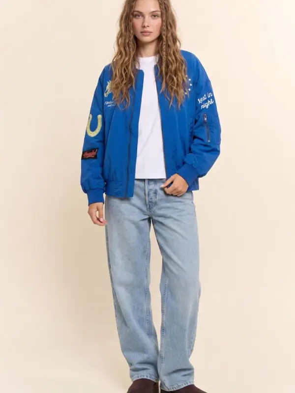 Embroidered Horse and Stars Bomber Jacket - BLUE