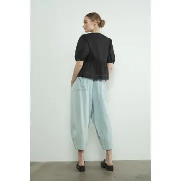 Embroidered Bow Tie Peplum Blouse - Black