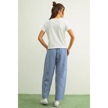 Gingham Pattern Elastic Band Waist Pants - BLUE/WHITE