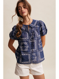 Embroidered Eyelet Puff Sleeve Blouse - NAVY
