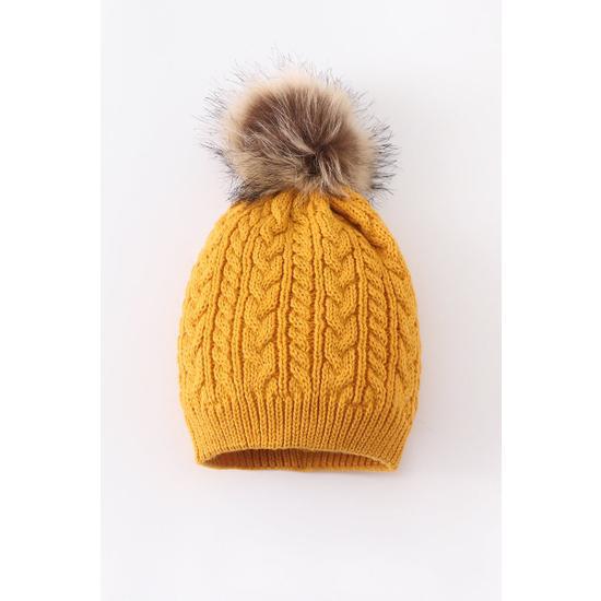 MUSTARD CABLE KNIT POM POM BEANIE