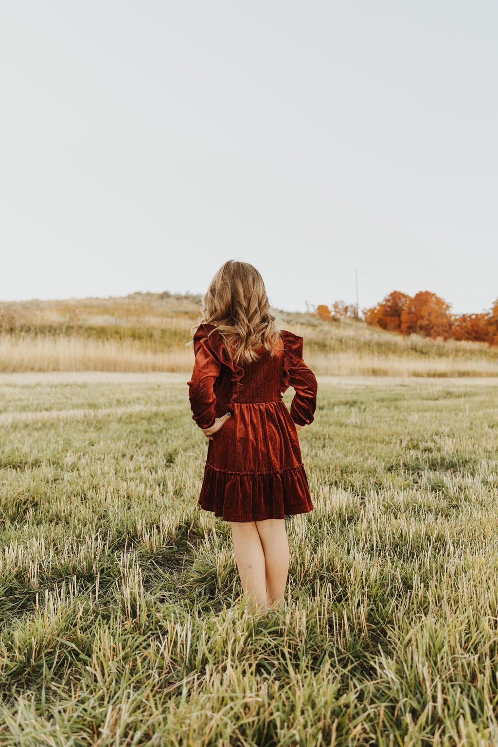 BURGUNDY VELVET RUFFLE GIRL DRESS
