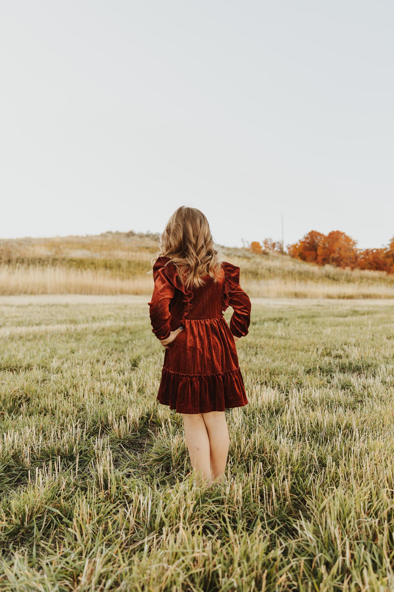 BURGUNDY VELVET RUFFLE GIRL DRESS