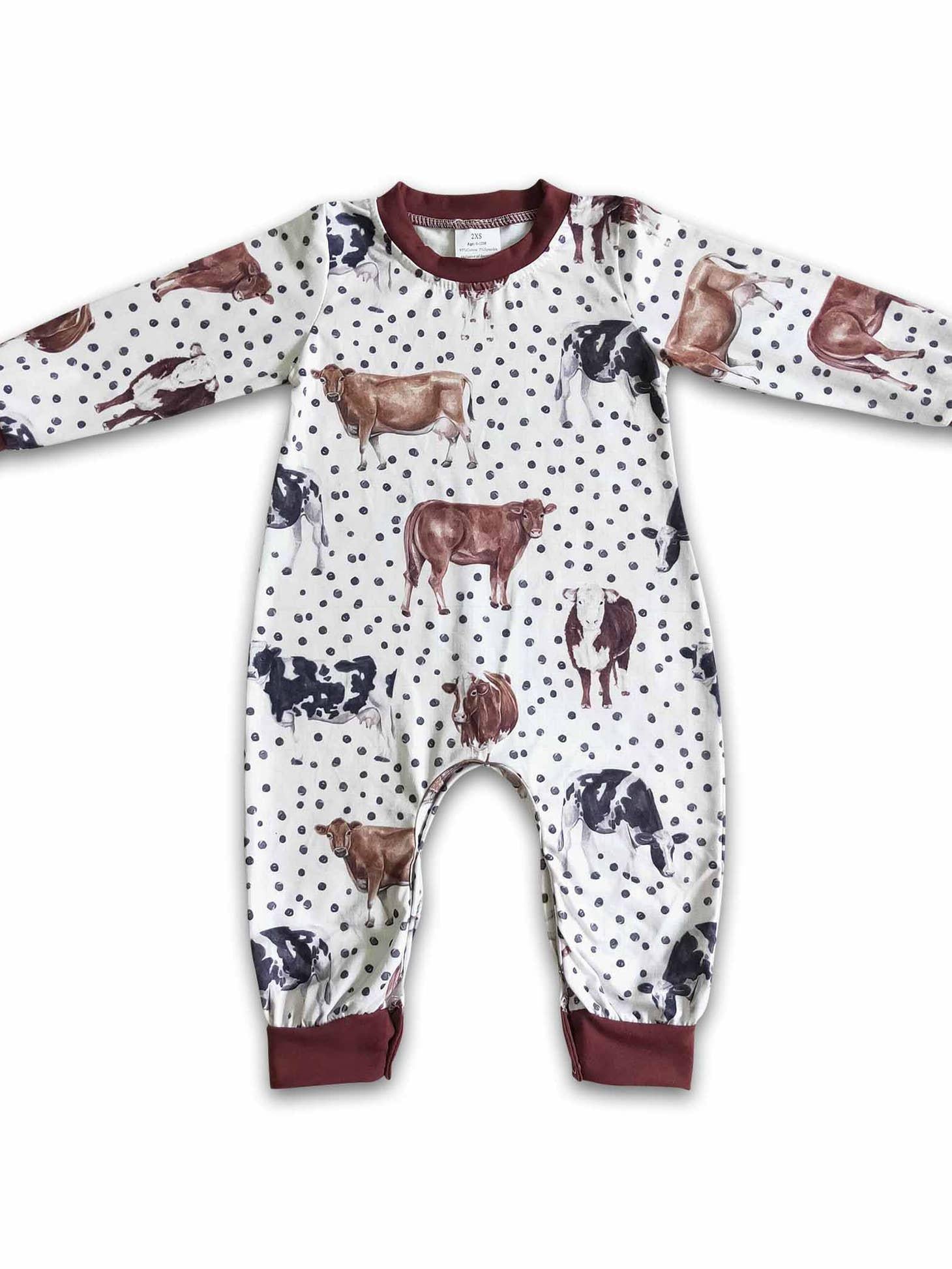 POLKA DOT COW LONG SLEEVE ROMPER - BROWN