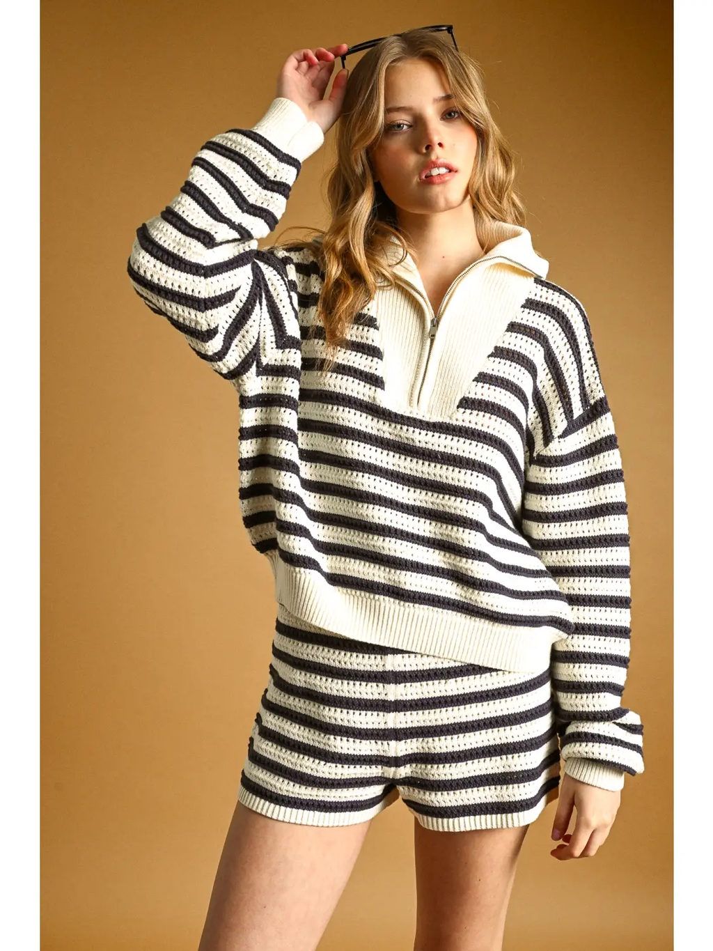 Stripe Pattern Half Zip Sweater Top