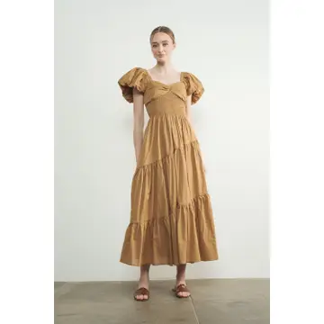 Puff Sleeves Smocked Bodice Tiered Midi Dress - Rust