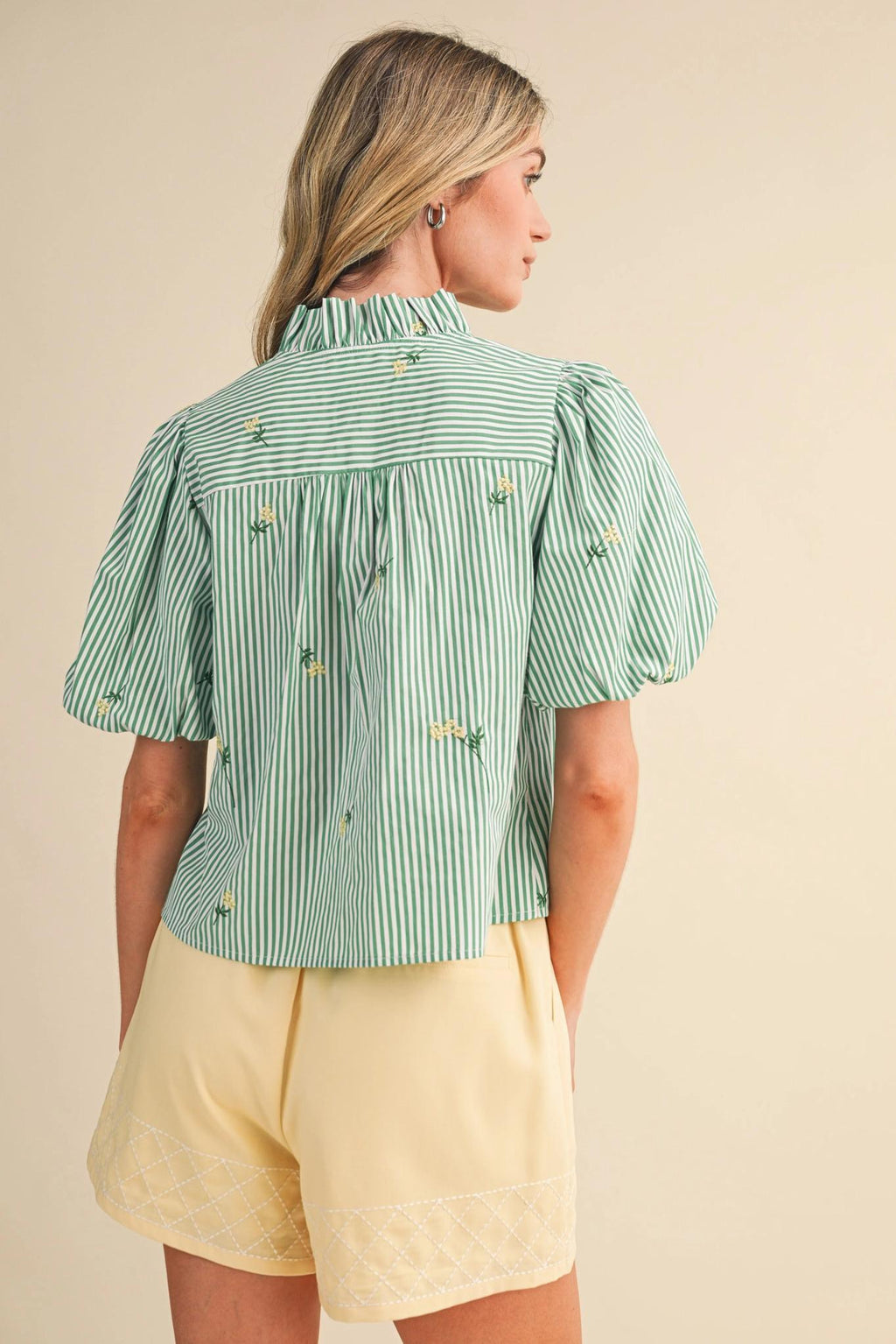 Floral Embroidery Striped Ruffled Button Down Top - Green Stripe
