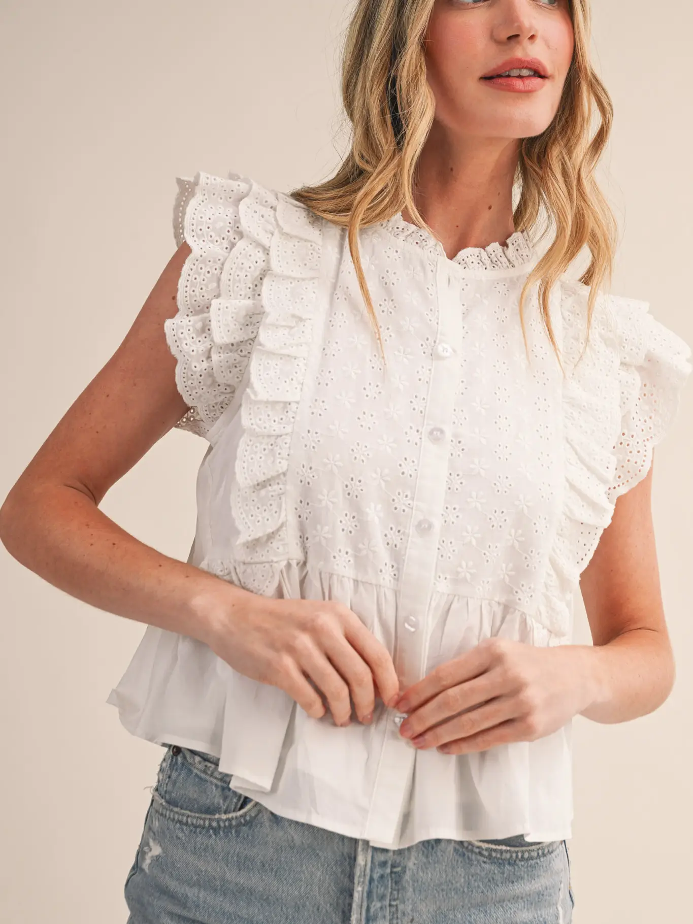 Eyelet Button Down Peplum Top - OFF WHITE