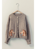 Western Horse Graphic Ribbed Trim Crew Neck Cardigan - MOCHA