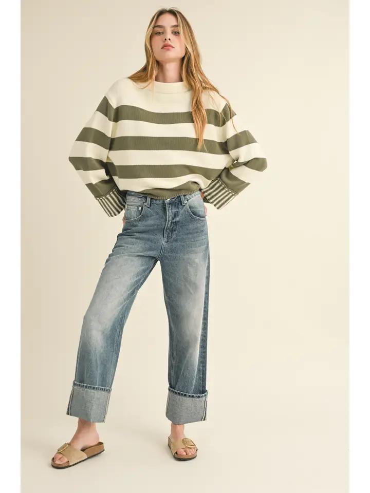 Straight Leg Cuffed Hem Denim Pants