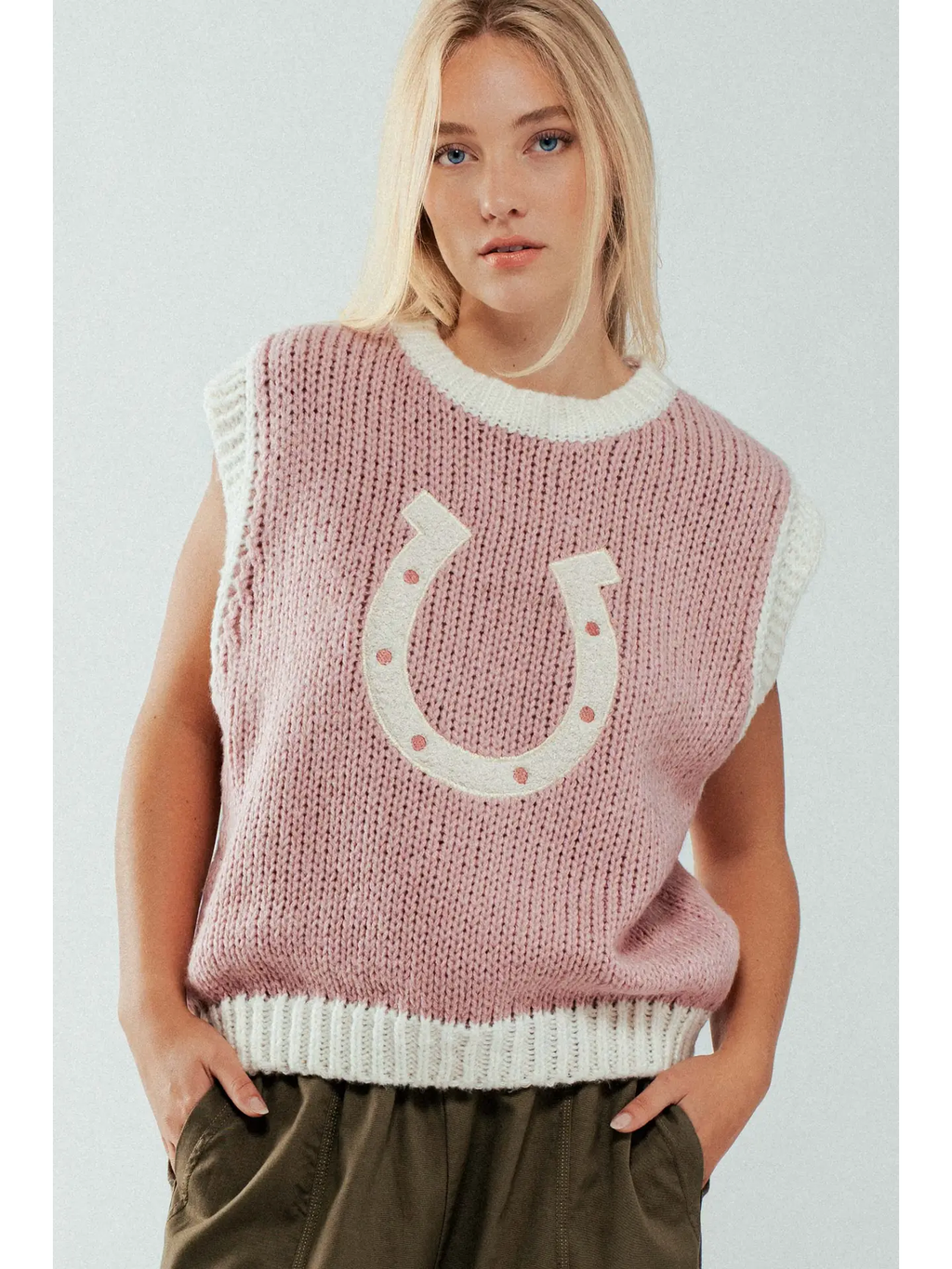 Western Horseshoe Crochet Knit Ribbed Trim Sweater Vest - PINK