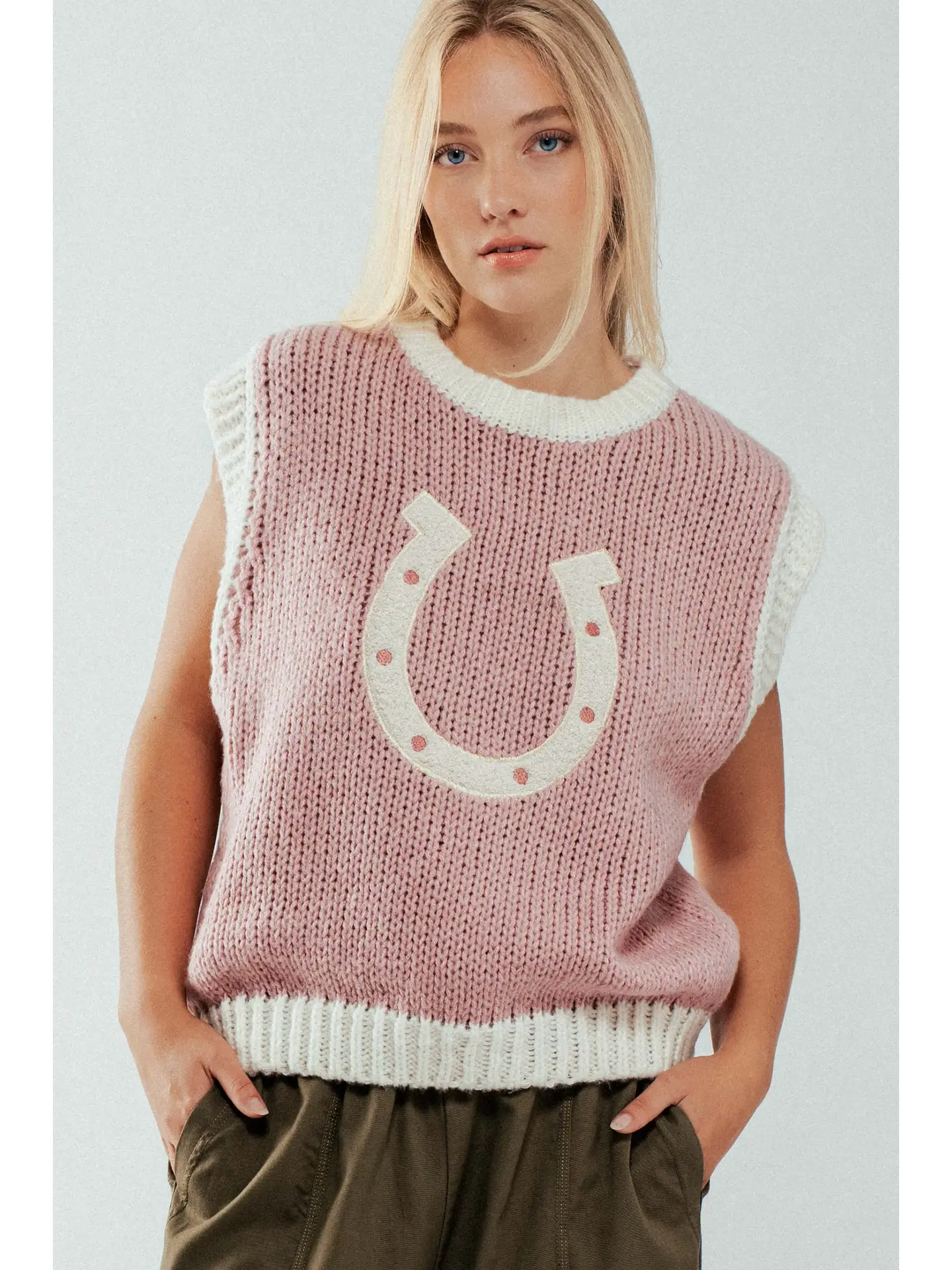 Western Horseshoe Crochet Knit Ribbed Trim Sweater Vest - PINK