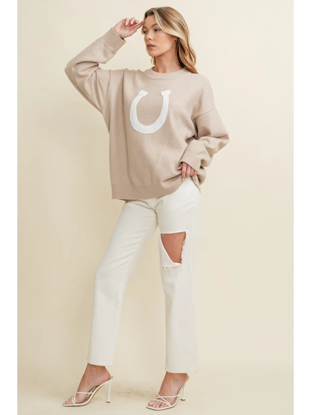 Horse Shoe Pullover Sweater - Beige