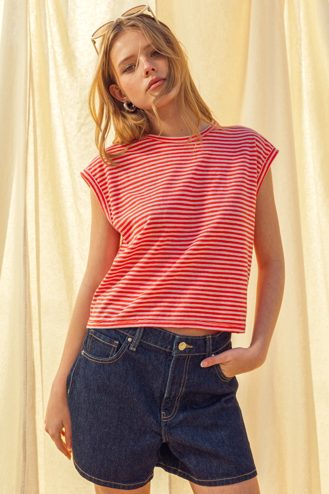 Stripe Pattern Slub Top - Cherry White