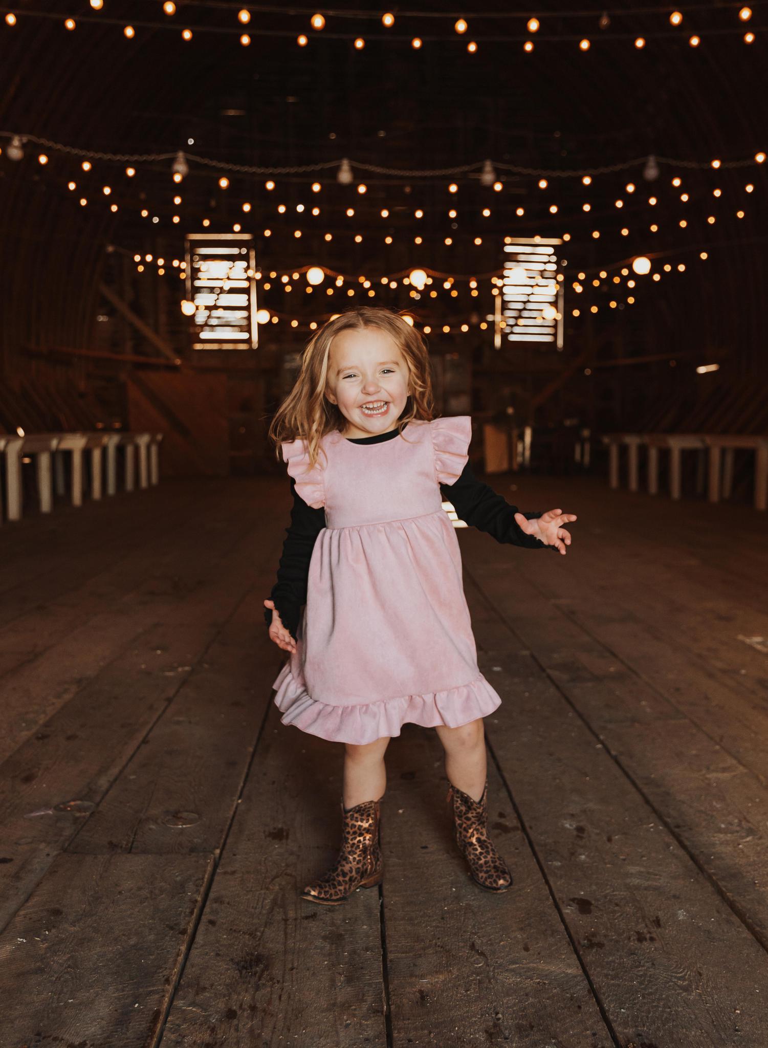 GIRLS PINK SUEDE RUFFLE GIRLS DRESS
