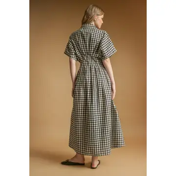 Gingham Pattern Button Down Shirt Dress - Black/Cream