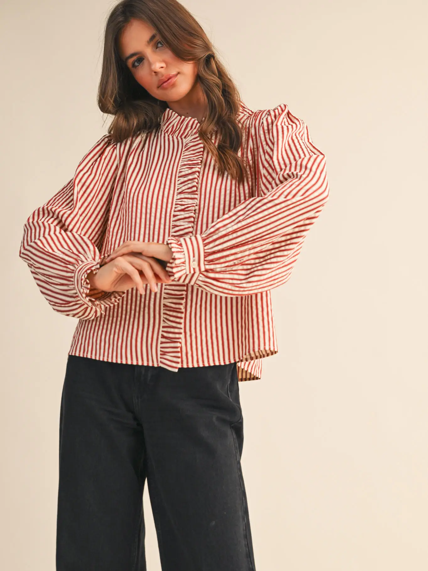 Striped Ruffled Button Down Long Sleeve Top - RED STRIPE