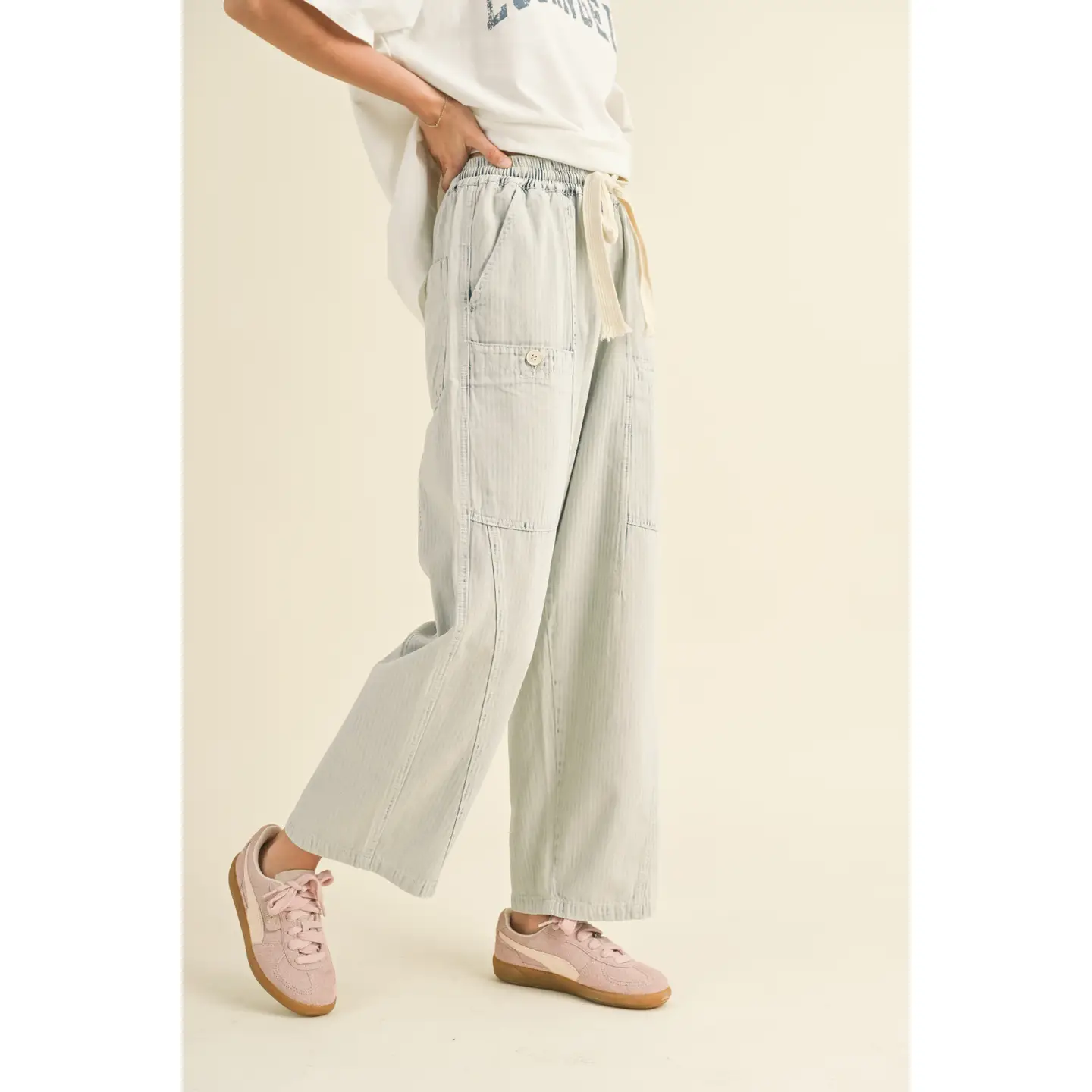 Stripe and Washed Effect Barrel Shape Pants