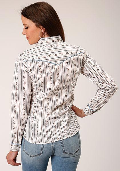 WOMENS L/S SHIRT   SNAP RETRO PIPED FANCY YOKE 1501 BROWN AND BLUE WALLPAPER STRIPE 01-050-0086-3058