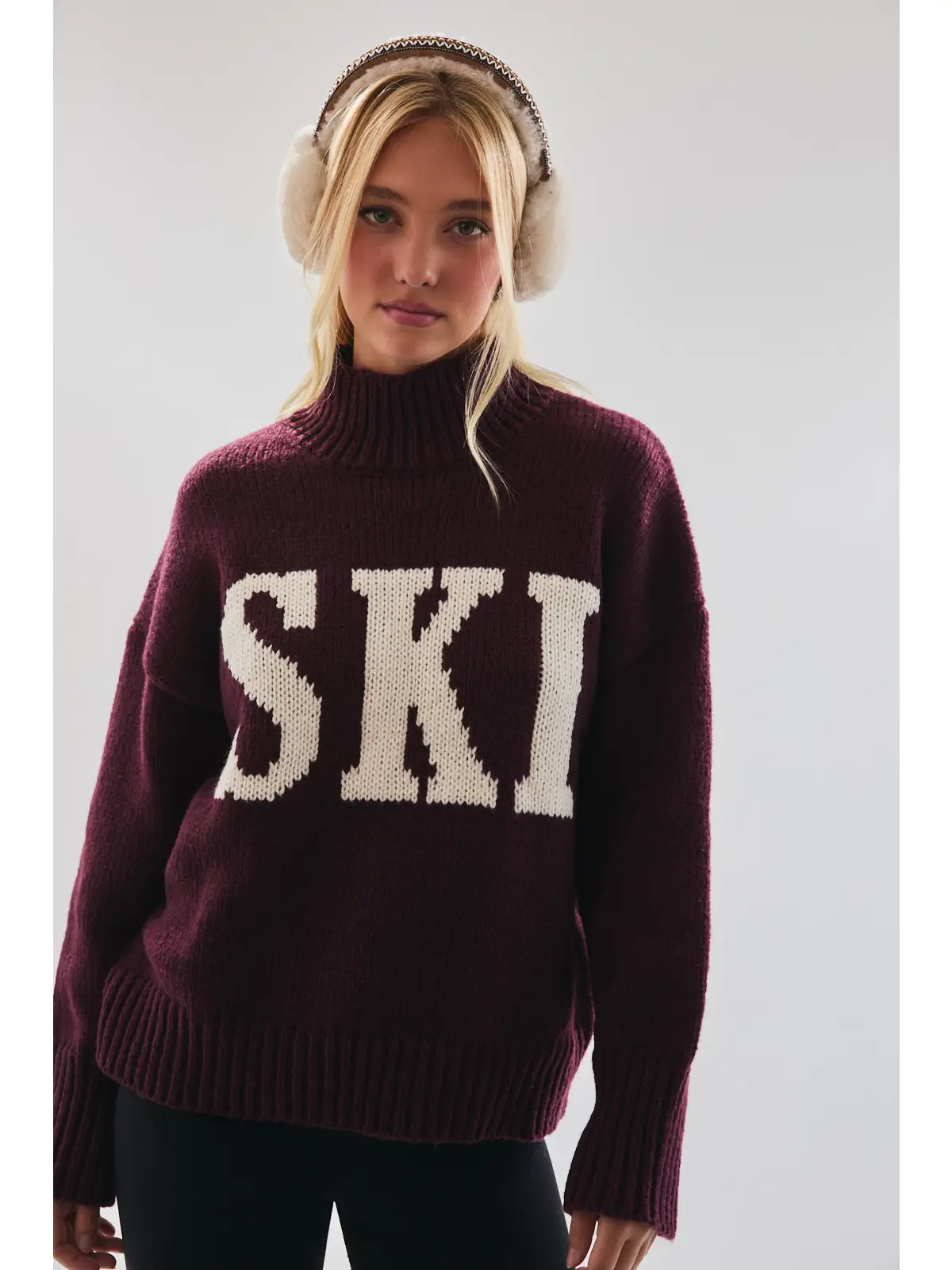 High Neck Oversized Sweater Top - WINE-IVORY