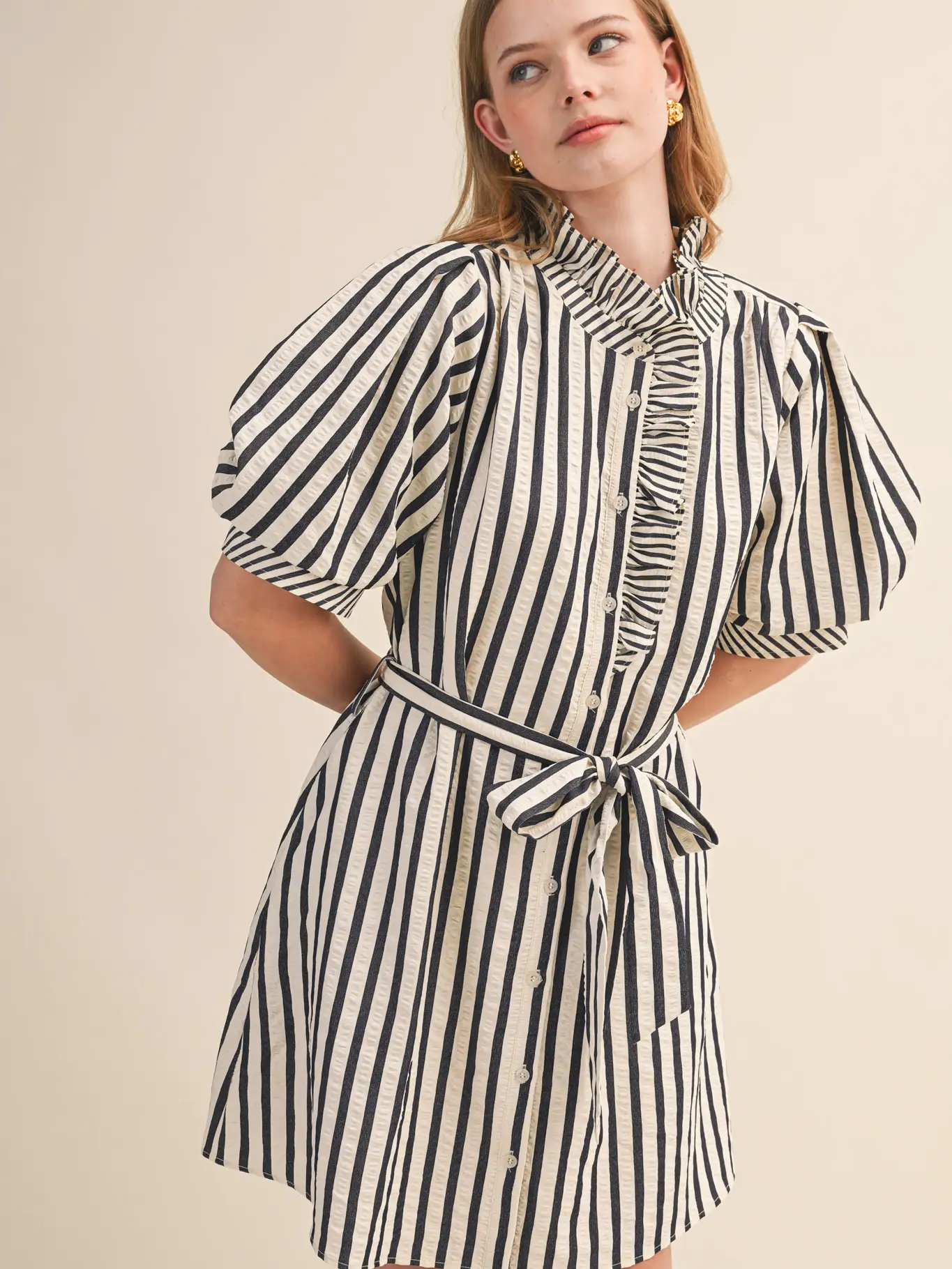 Striped Ruffled Button Down Mini Dress - BLACK STRIPE