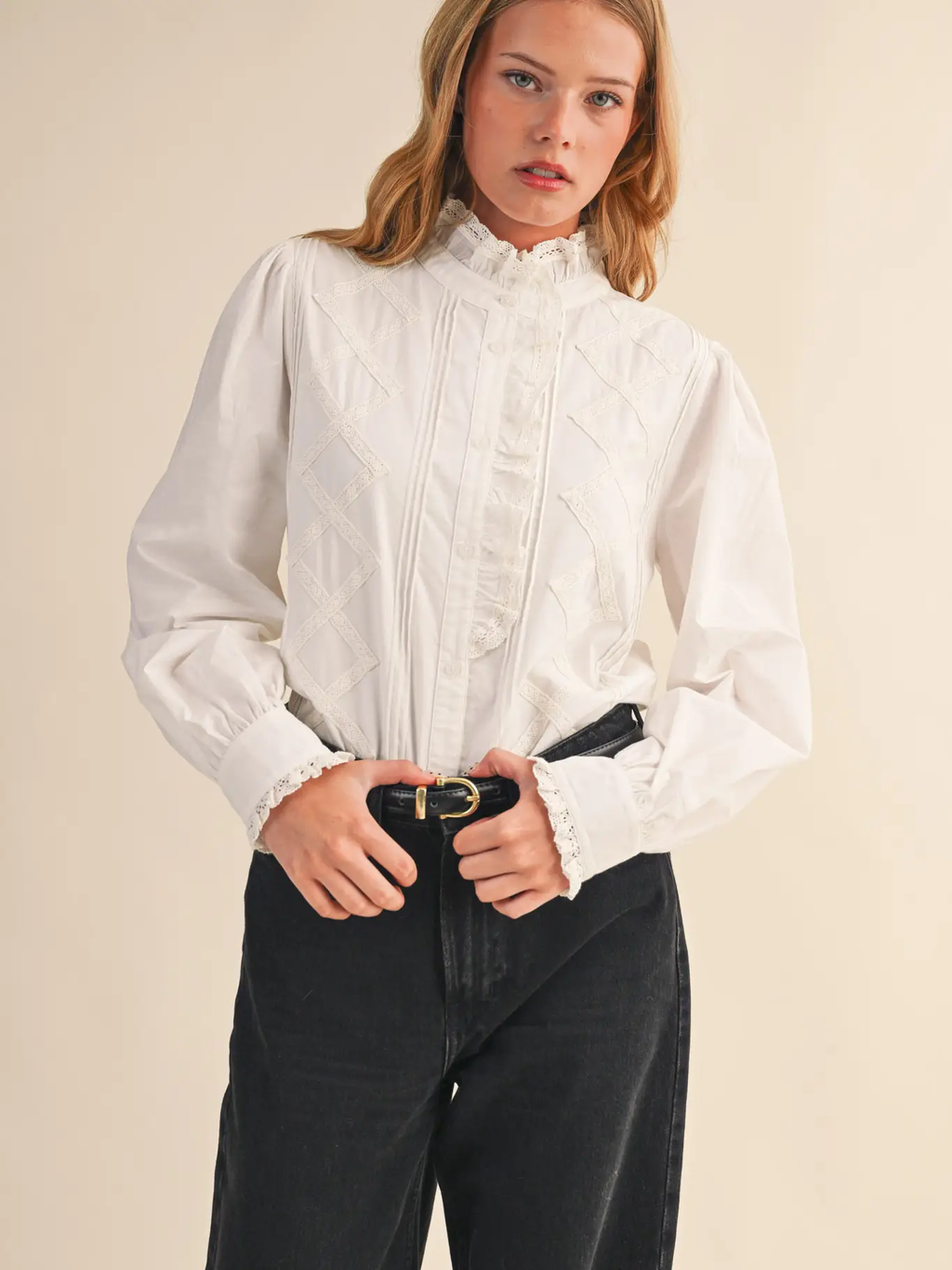 Ruffled Lace Trim Button Down Top - White
