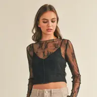 Long Sleeve Lace Fabric with Lining Insert Top - Black
