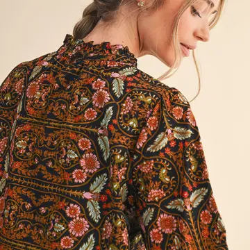 Exclusive Floral Print Top with Floral Trim - BLACK MULTI