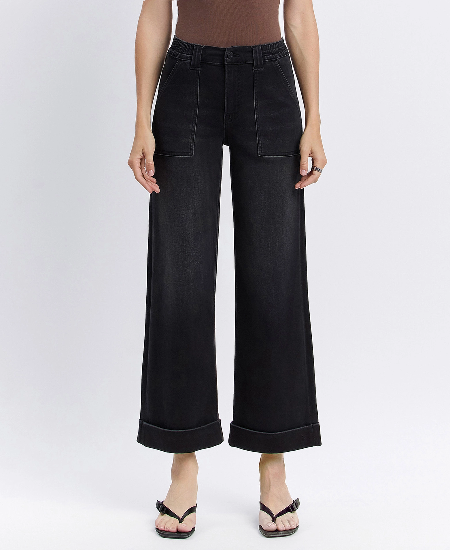 High Rise Cuffed Baggy Wide Jeans - Black