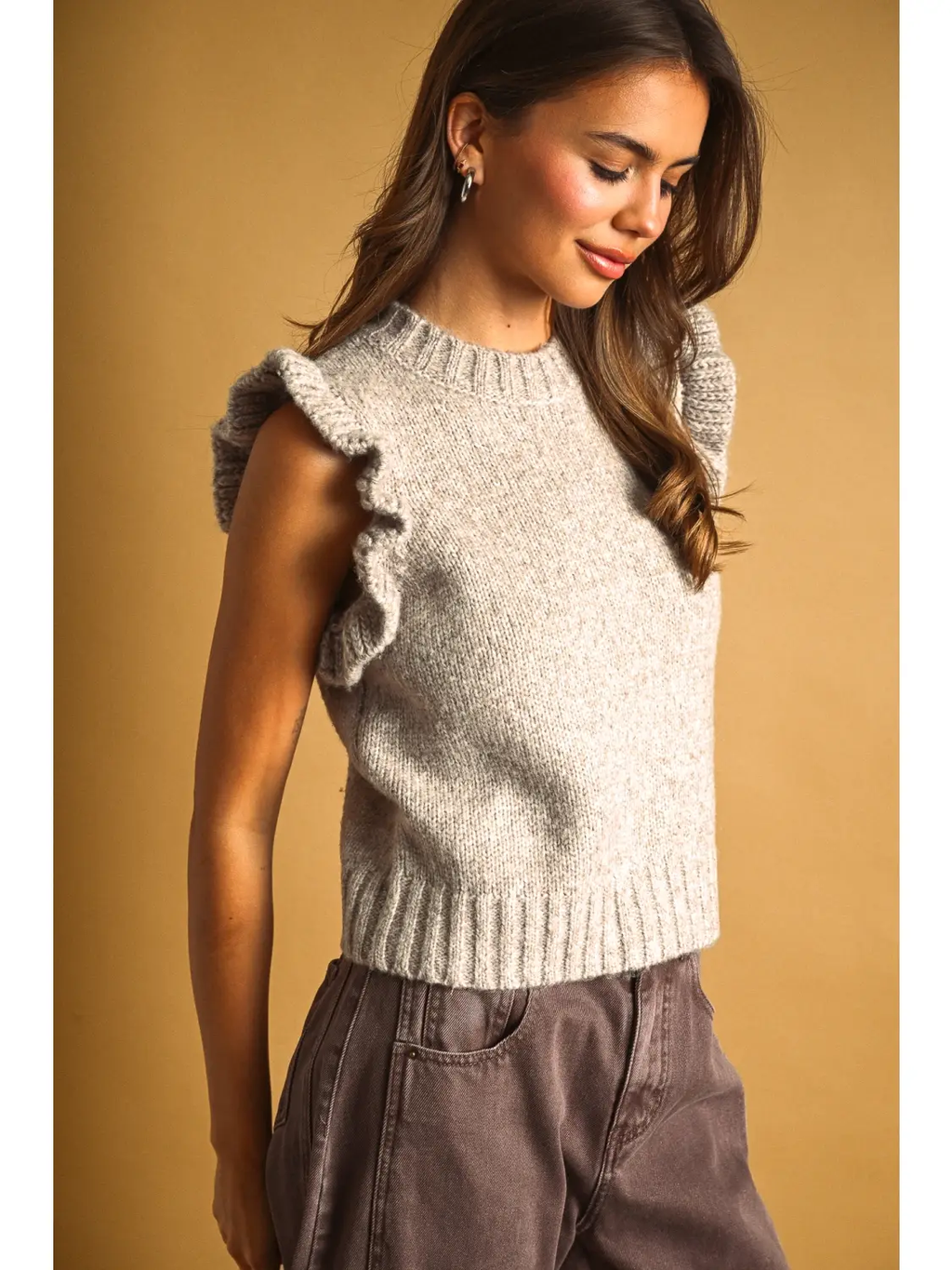 Ruffle Sleeve Sweater Top - OATMEAL