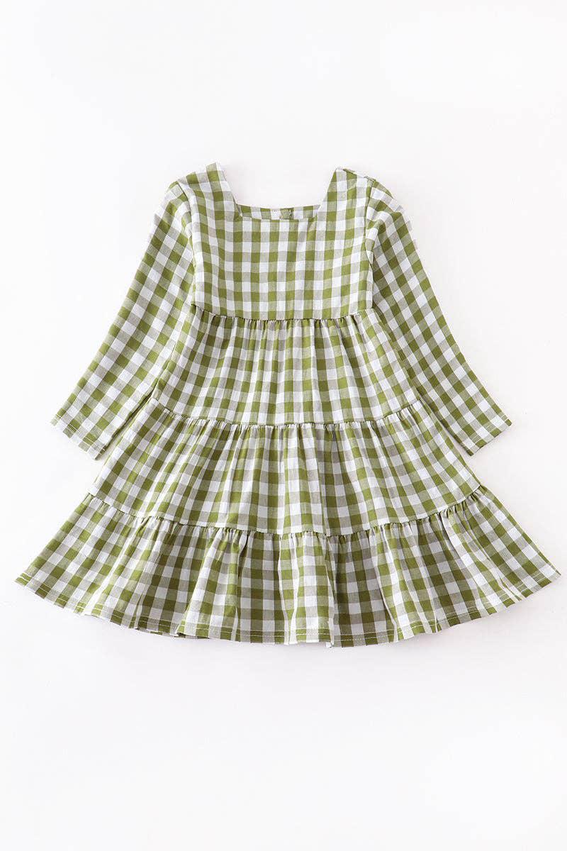 GIRLS GREEN CHECK TIERED DRESS