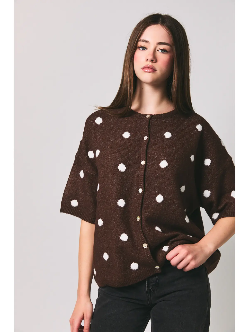 Crew Neck Knit Cardigan - BROWN