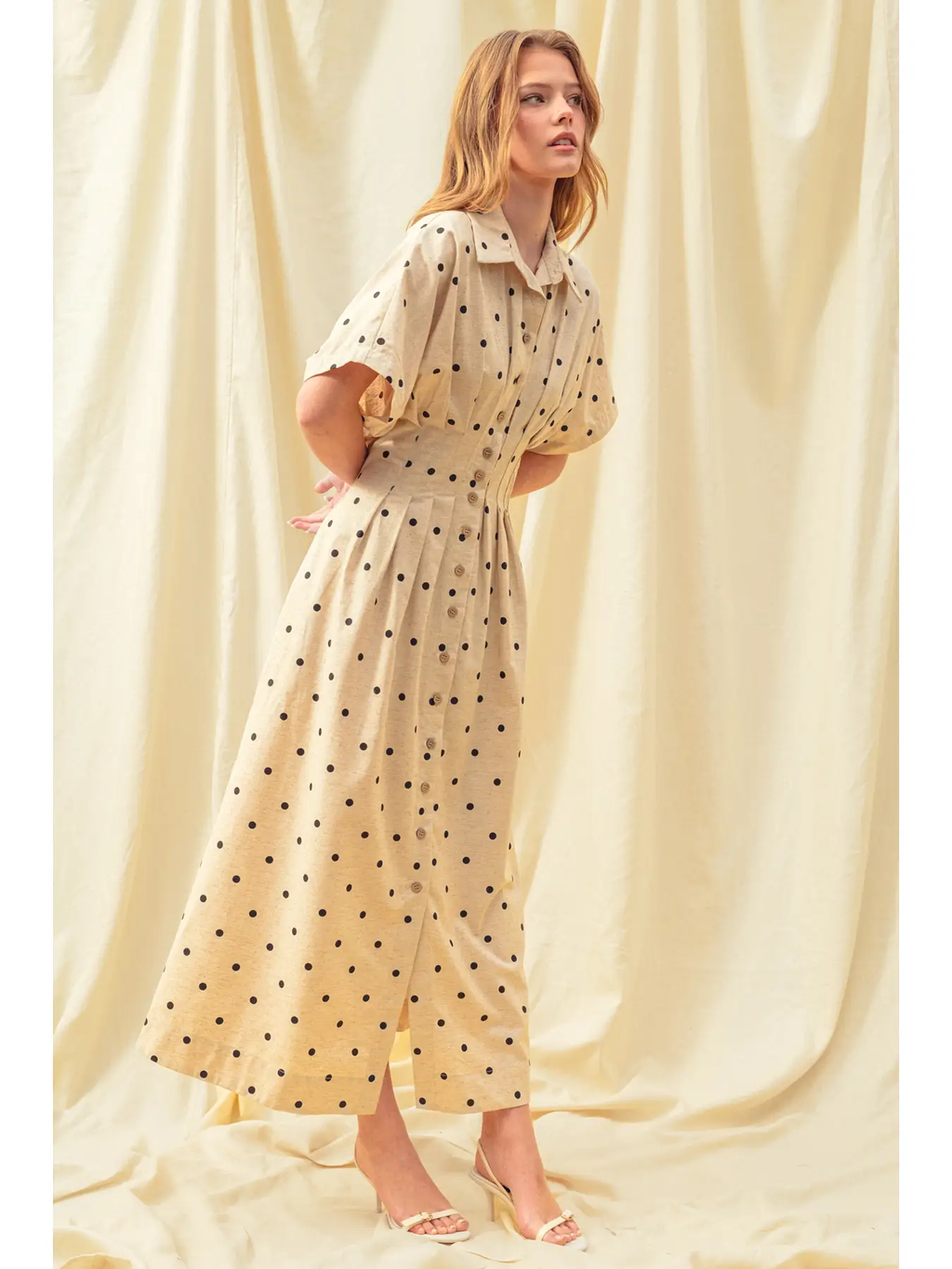 Polkadot Print Short Sleeve Button Front Dress