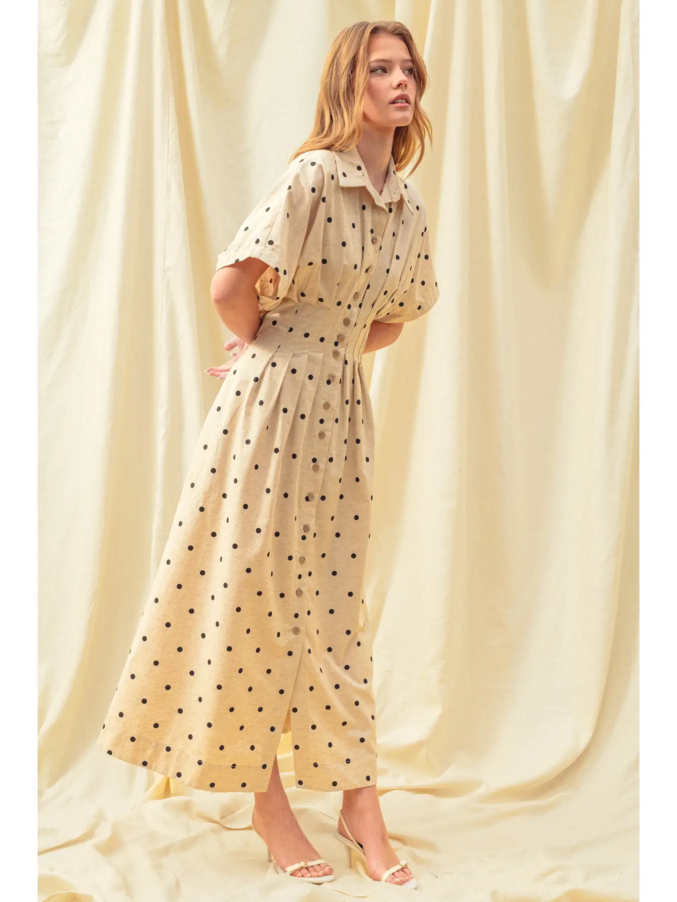 Polkadot Print Short Sleeve Button Front Dress