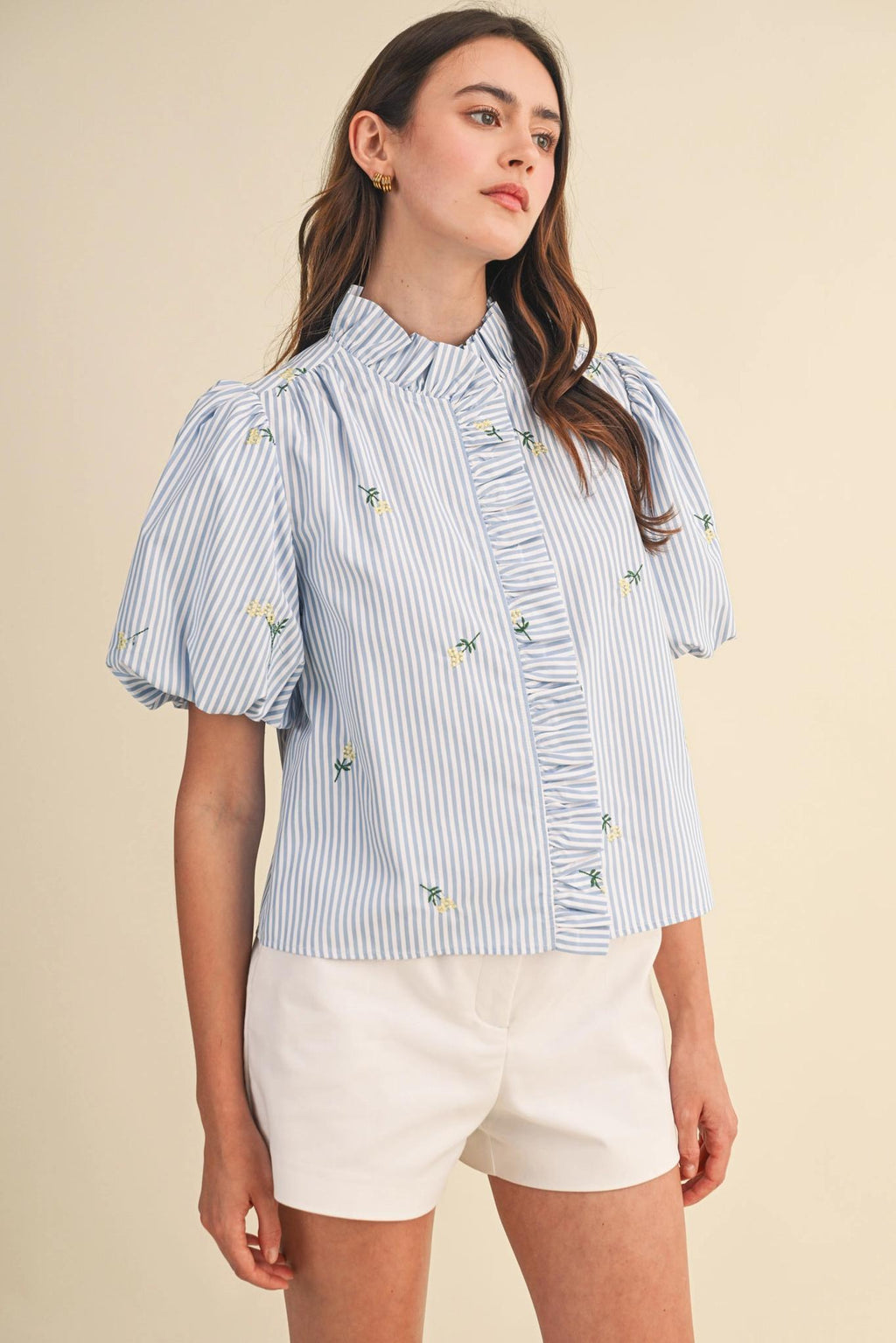 Floral Embroidery Striped Ruffled Button Down Top - Sky Blue Stripe
