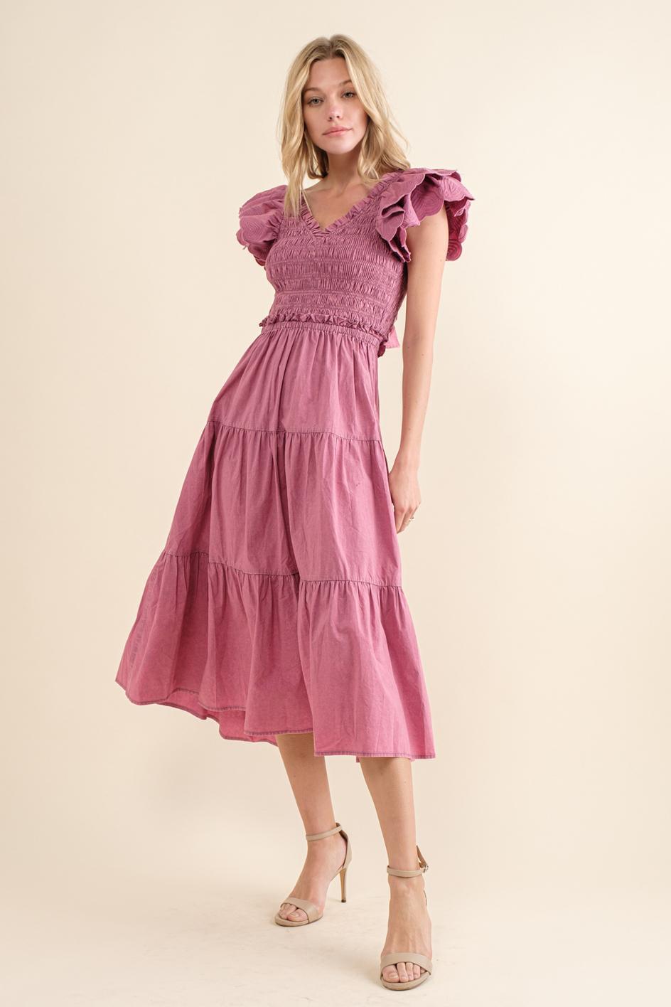 Cotton Poplin Ruffle Slv Smocked Bodice Midi Dress - Grape Nectar